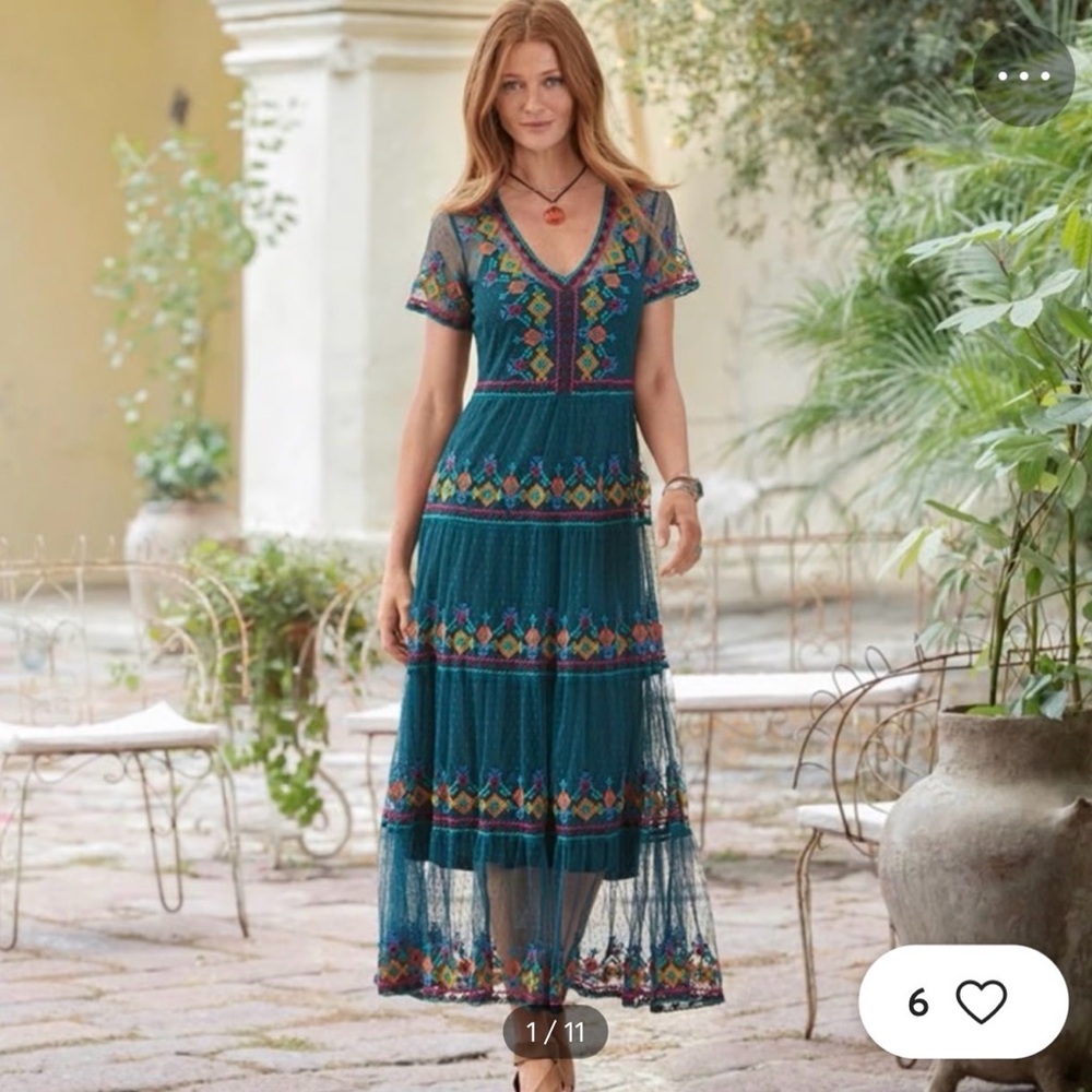Sundance Teal Embroidered V-Neck Tiered Maxi Dress